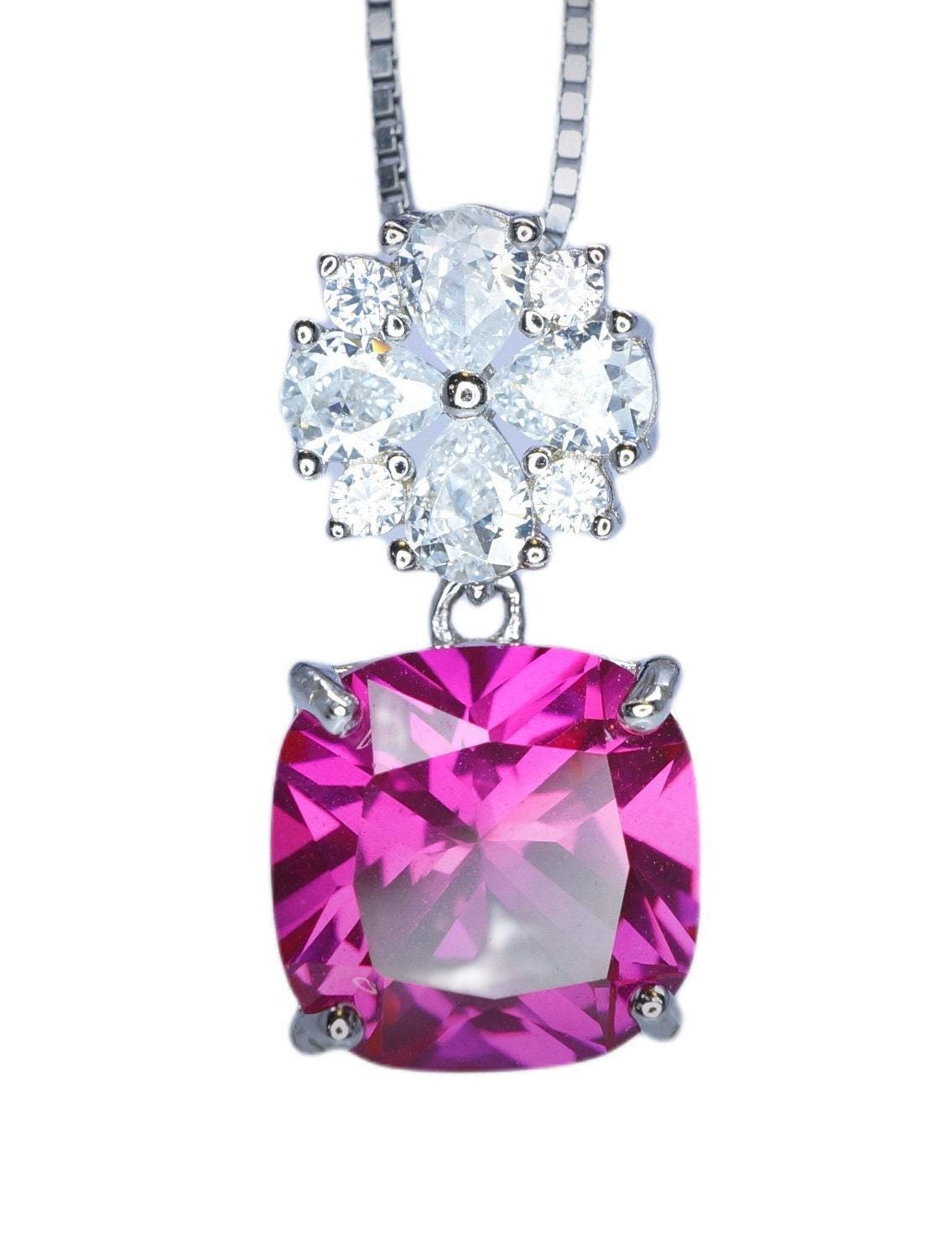 Pink Sapphire Necklace - Hot Pink Topaz Jewelry Four leaf clover Pendant - 18k@ Sterling Silver - Large Cushion Cut 6 CT Pink Sapphire #595