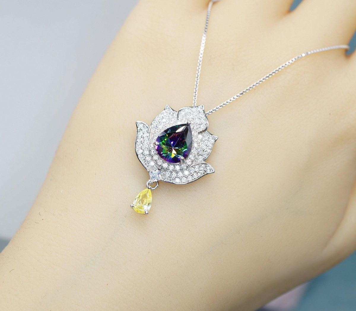 Mystic topaz Diamond Lotus Necklace - 18kgp @ Sterling Silver - Large Rainbow Mystic Topaz Pendant Luxury Flower Pendant #1004