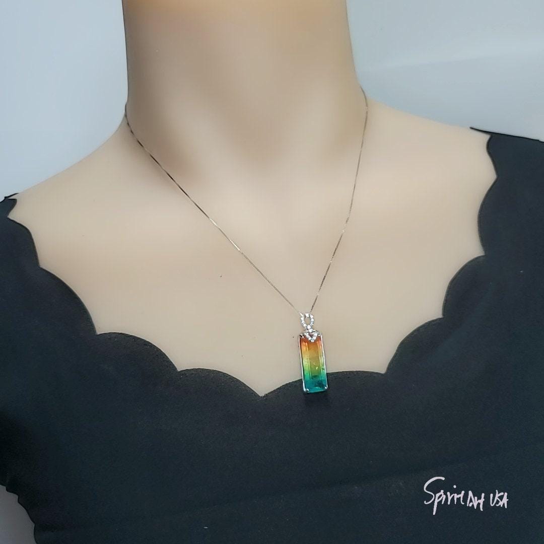 Rainbow Tourmaline Necklace Sterling Silver Rectangular Large Royal Gemstone Manmade Synthetic Water Melon Gemstone Pendant #980
