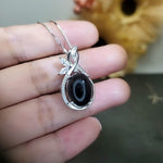 Large Black Onyx Necklace - Natural Black Agate Protective High Frequency Energy Leaf Jewelry Diamond Flower Sterling Silver 1039