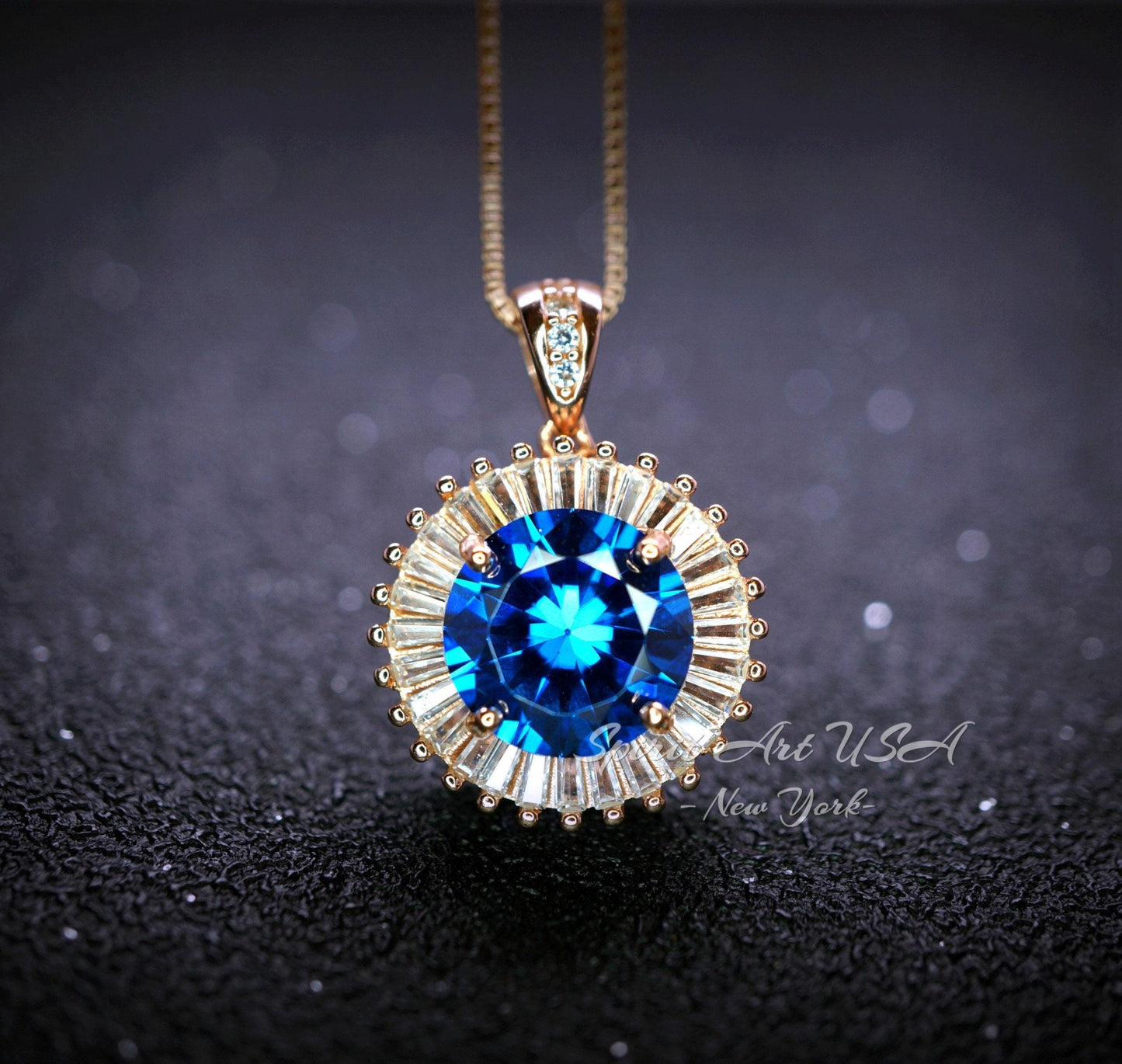 Blue Sapphire Necklace - Rose Gold - Gemstone Halo Sun 4 CT Royal Blue Sapphire Pendant - Sterling Silver September Birthstone #524