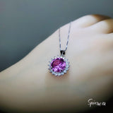 Sterling Silver Pink Tourmaline Necklace - Diamond Princess Diana Style Fuchsia Solitaire Halo 10 mm 4 CT Pink Tourmaline Pendant 18kgp #432