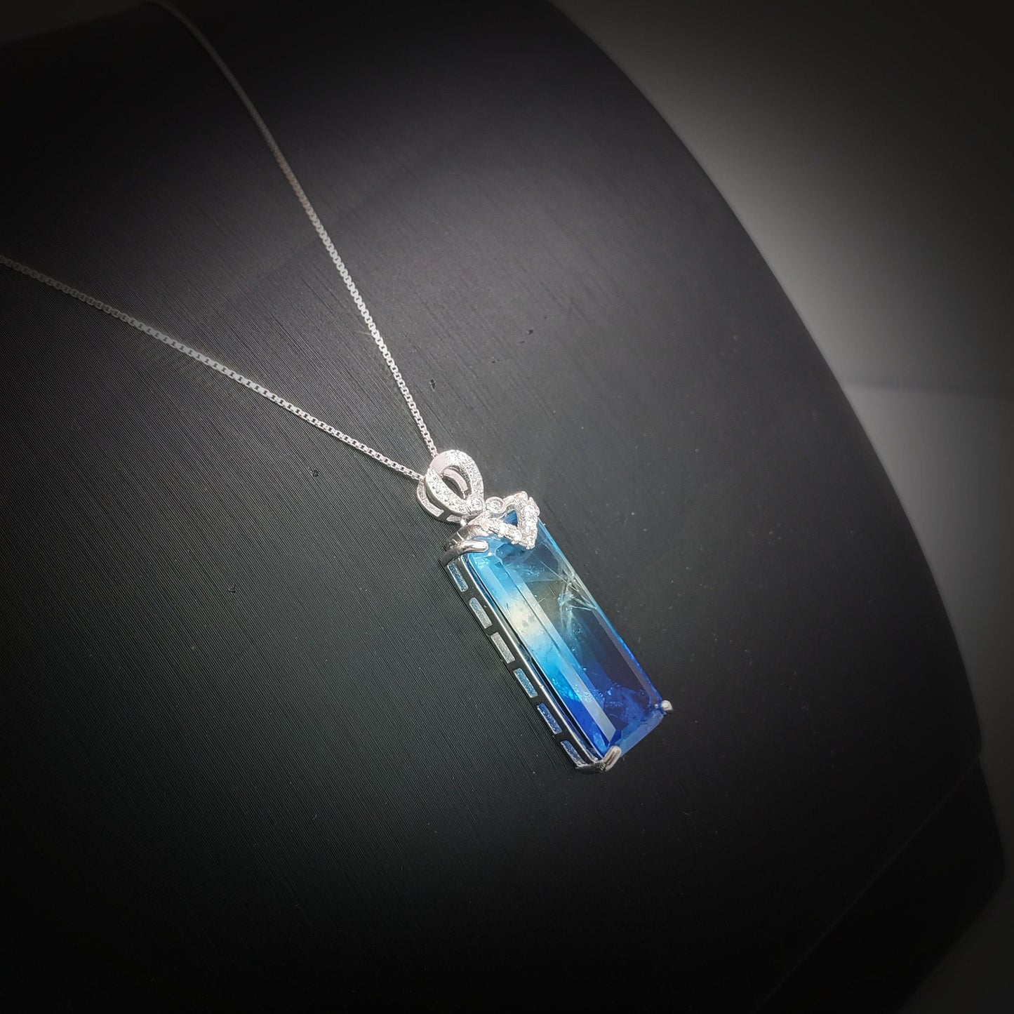 Blue Tourmaline Necklace Sterling Silver Rectangle Unique Design Aquamarine Style Blue Gemstone Jewelry #988