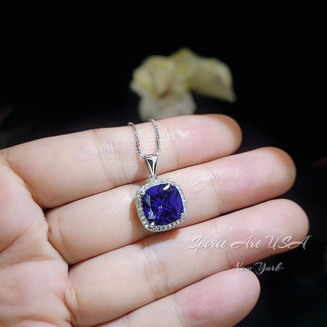 Large Tanzanite Necklace - 18KGP @ Sterling Silver - December Birthstone jewelry - Square Cushion Deep Blue 5CT Tanzanite #696