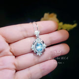 Blue Aquamarine Necklace - Royal Flower Style - 18KGP @ Sterling Silver - Gemstone Flower - Blue Aquamarine Pendant - March Birthstone #664