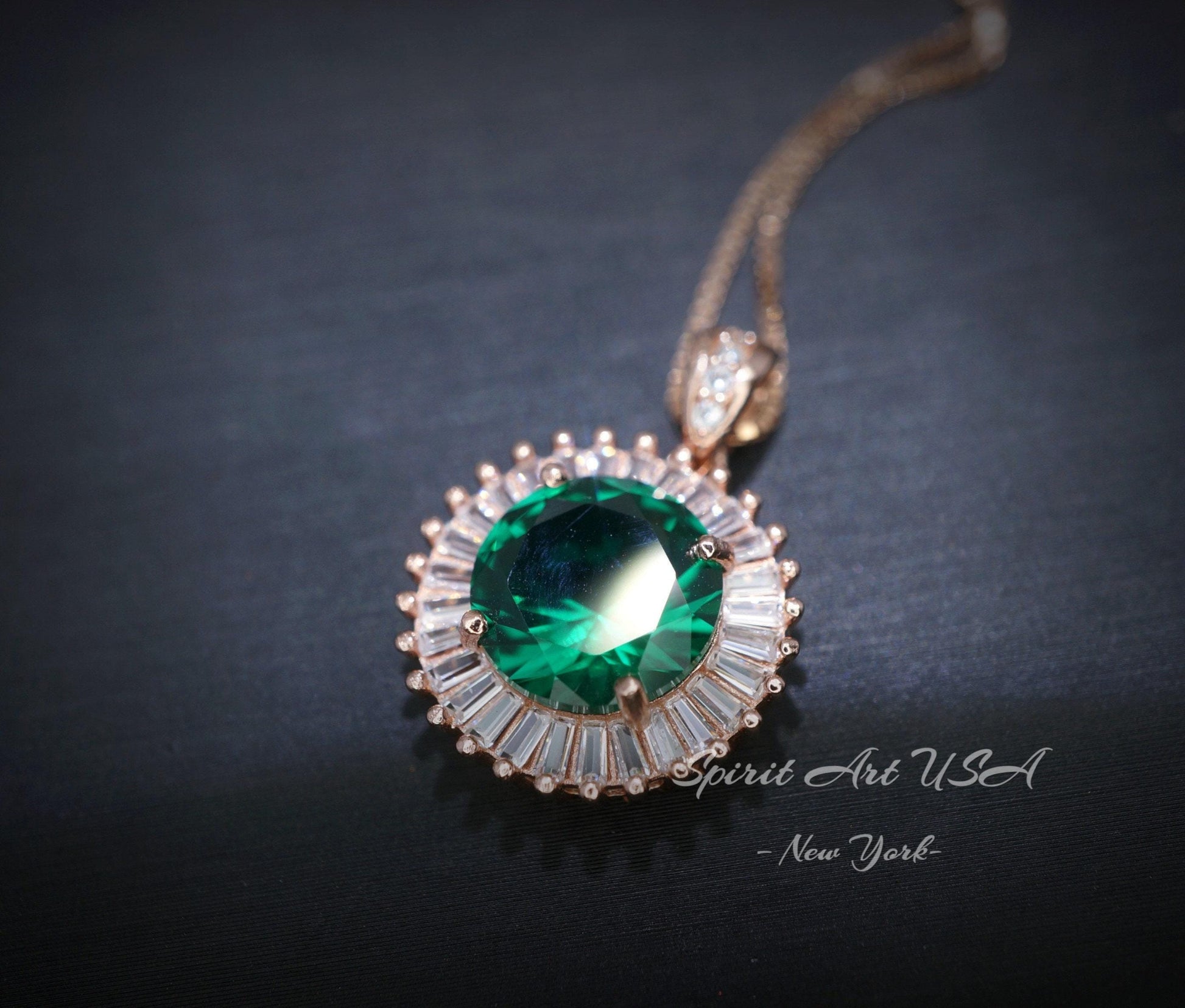 Round 3 CT Emerald Necklace Rose gold Gemstone Sun Halo Pendant Sterling Silver #525
