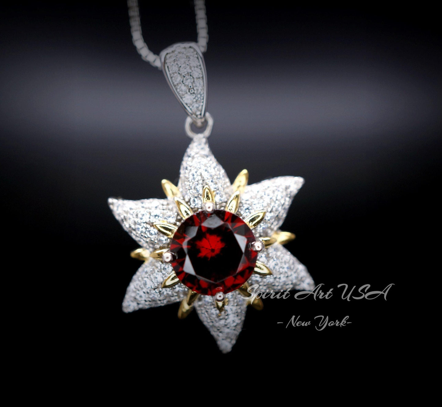 Gemstone Star Red Garnet Necklace - 18KGP Sterling Silver - 6 Point Star Garnet Pendant - 2CT Hexagram Red Garnet Jewelry #876
