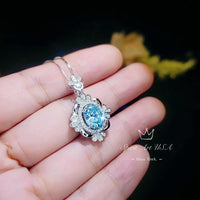 Blue Aquamarine Necklace - Royal Flower Style - 18KGP @ Sterling Silver - Gemstone Flower - Blue Aquamarine Pendant - March Birthstone #664