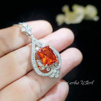 5 Ct Sunstone Necklace in Sterling Silver - Spiritual Flower Design with Scissor Cut Lab Orange Sapphire Tangerine white gold tone #986