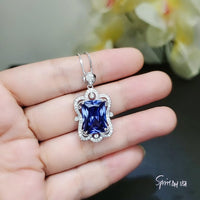 Large Rectangular Tanzanite Necklace Royal Gemstone Flower White Gold Coated Sterling Silver 10 CT LAB Created Blue Tanzanite Pendant #864