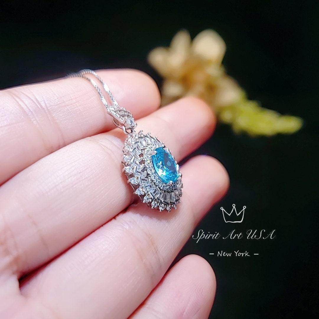 Aquamarine Halo Pendant Necklace in Sterling Silver, Baguette Round Sunburst Cluster, March Birthstone Deep Blue Aquamarine #777