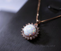 Rose Gold Opal Necklace Gemstone Halo Sunflower White Opal Pendant Sterling Silver Princess Diana Style Jewelry #209