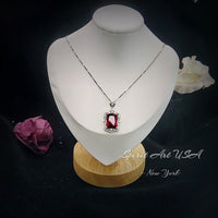 Gemstone Flower Red Ruby Necklace - Large Rectangle Baguette Cut Ruby Pendant - 18KGP @ Sterling Silver - July Birthstone #802