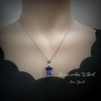 Large Rectangular Tanzanite Necklace Royal Gemstone Flower White Gold Coated Sterling Silver 10 CT LAB Created Blue Tanzanite Pendant #864