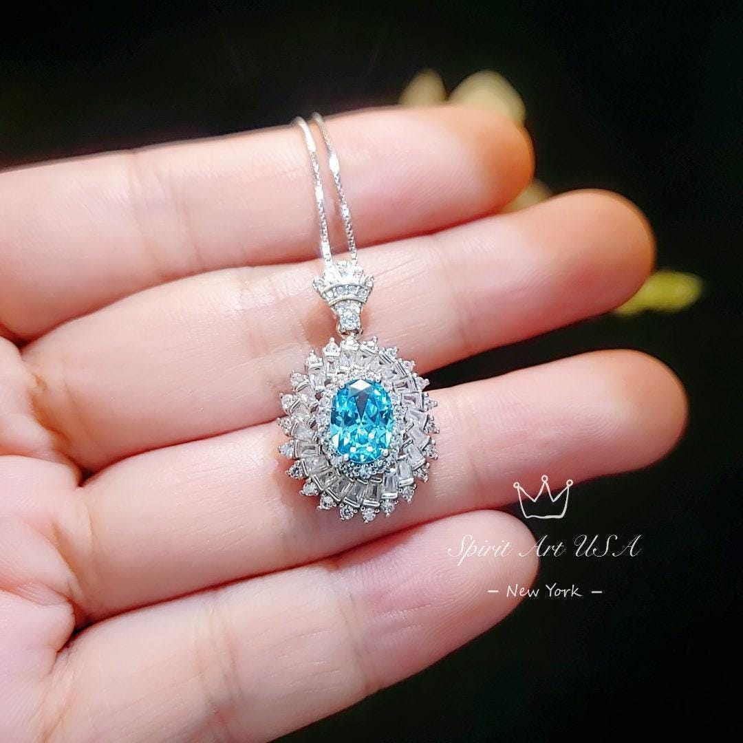 Aquamarine Halo Pendant Necklace in Sterling Silver, Baguette Round Sunburst Cluster, March Birthstone Deep Blue Aquamarine #777