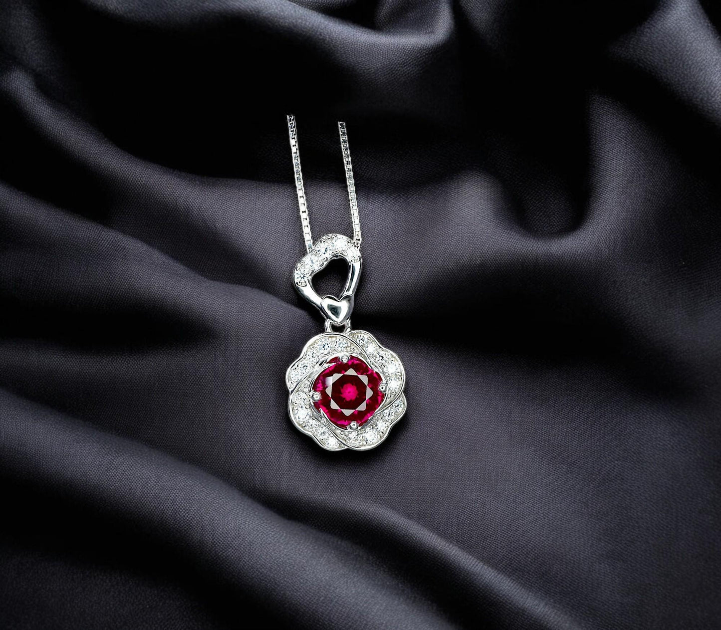 Ruby Necklace, Rose flower style - Birthstone Jewelry - 2 CT Round Cut Red Ruby Pendant - 18kgp @ Sterling Silver - July Birthstone #875B