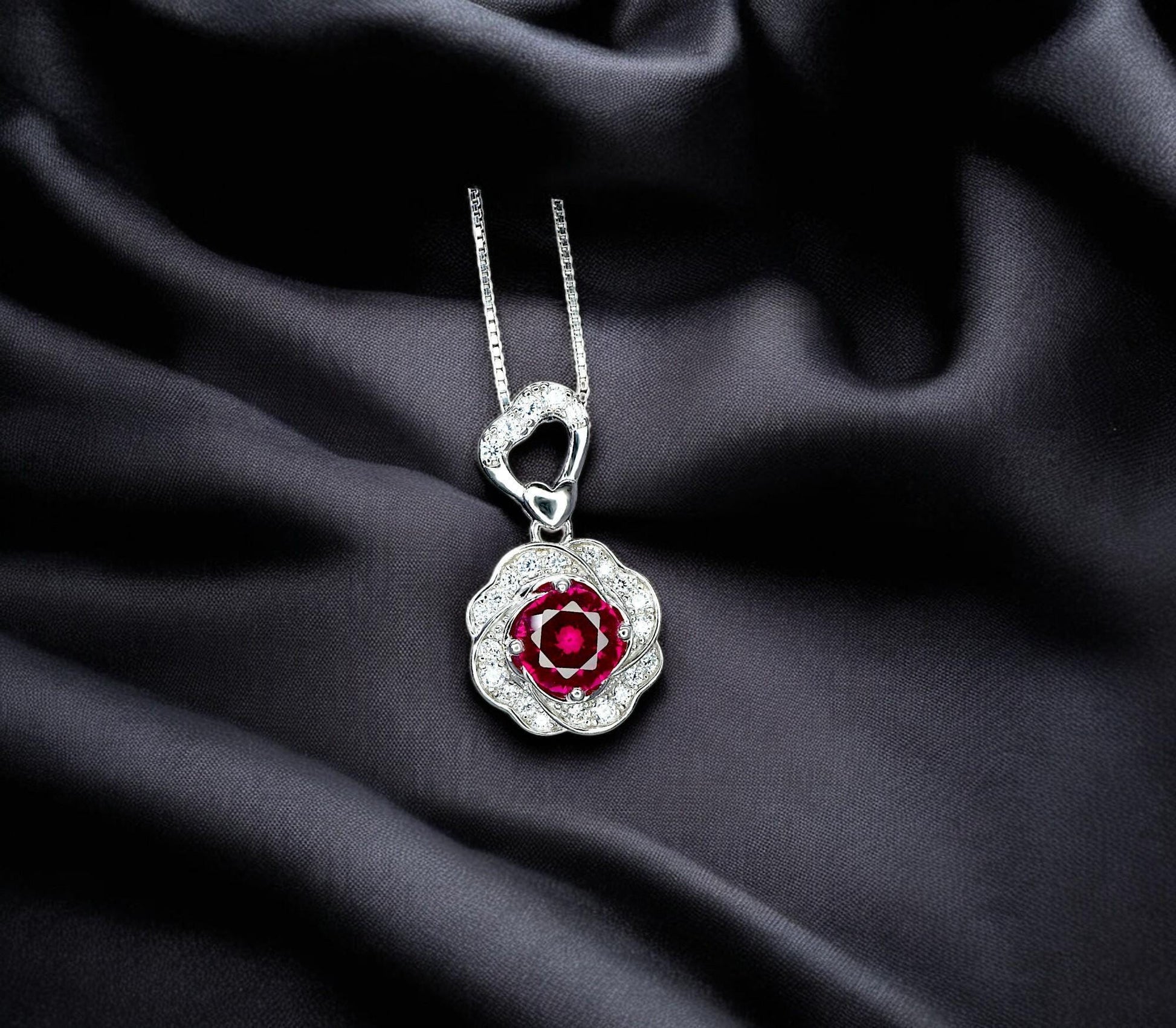 Ruby Necklace, Rose flower style - Birthstone Jewelry - 2 CT Round Cut Red Ruby Pendant - 18kgp @ Sterling Silver - July Birthstone #875B
