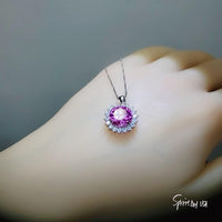 Sterling Silver Pink Tourmaline Necklace - Diamond Princess Diana Style Fuchsia Solitaire Halo 10 mm 4 CT Pink Tourmaline Pendant 18kgp #432