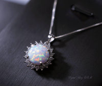 Rose Gold Opal Necklace Gemstone Halo Sunflower White Opal Pendant Sterling Silver Princess Diana Style Jewelry #209