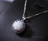 Rose Gold Opal Necklace Gemstone Halo Sunflower White Opal Pendant Sterling Silver Princess Diana Style Jewelry #209
