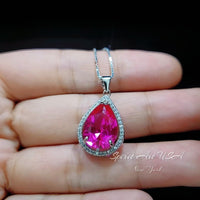 Large Teardrop Pink Sapphire Necklace - Sterling Silver Fuchsia Large 5 CT Pink Sapphire Pendant - White Gold Fuchsia Gemstone Jewelry #746
