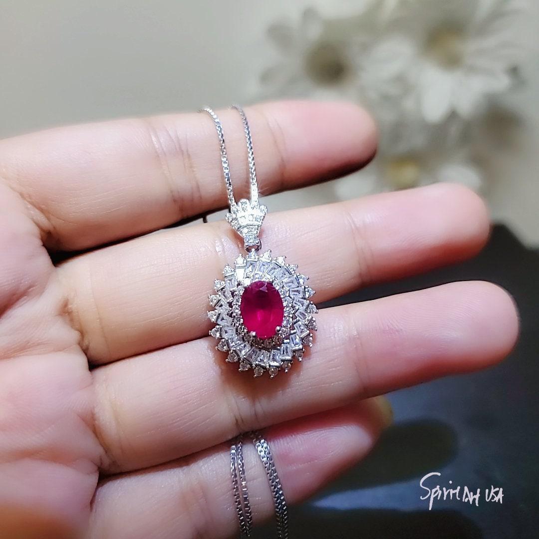 Life Spiral Red Ruby Necklace - White Gold Coated Sterling Silver Triple Gemstone Red Ruby Pendant - Royal Whirl Jewelry #796
