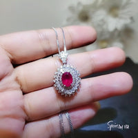 Life Spiral Red Ruby Necklace - White Gold Coated Sterling Silver Triple Gemstone Red Ruby Pendant - Royal Whirl Jewelry #796