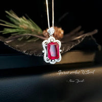 Gemstone Flower Red Ruby Necklace - Large Rectangle Baguette Cut Ruby Pendant - 18KGP @ Sterling Silver - July Birthstone #802