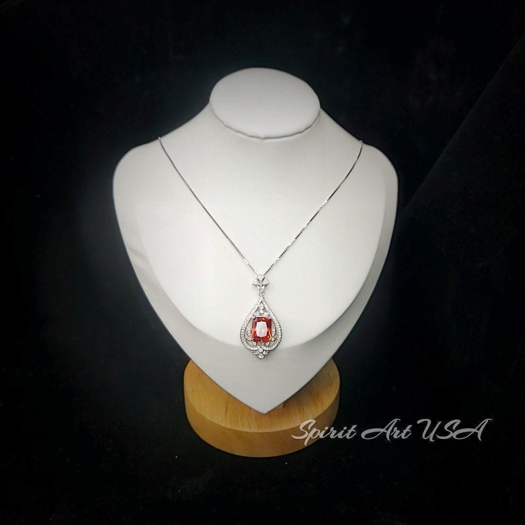 5 Ct Sunstone Necklace in Sterling Silver - Spiritual Flower Design with Scissor Cut Lab Orange Sapphire Tangerine white gold tone #986