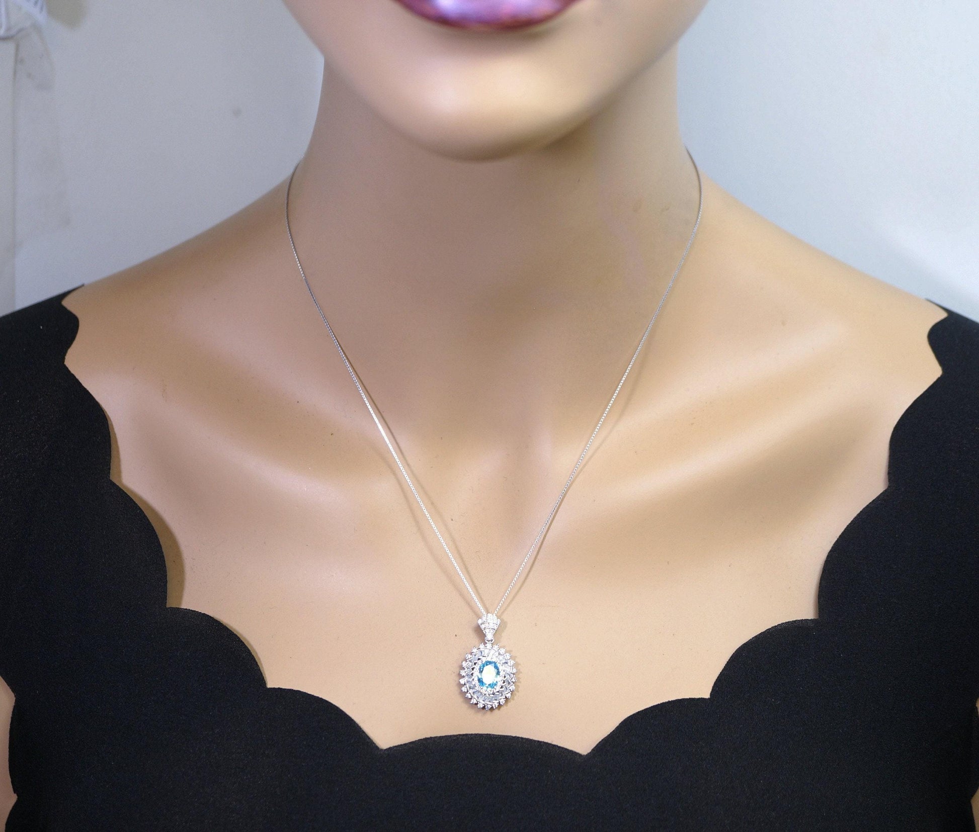 Aquamarine Halo Pendant Necklace in Sterling Silver, Baguette Round Sunburst Cluster, March Birthstone Deep Blue Aquamarine #777
