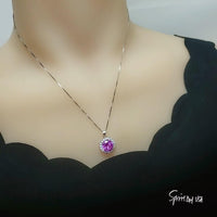 Sterling Silver Pink Tourmaline Necklace - Diamond Princess Diana Style Fuchsia Solitaire Halo 10 mm 4 CT Pink Tourmaline Pendant 18kgp #432