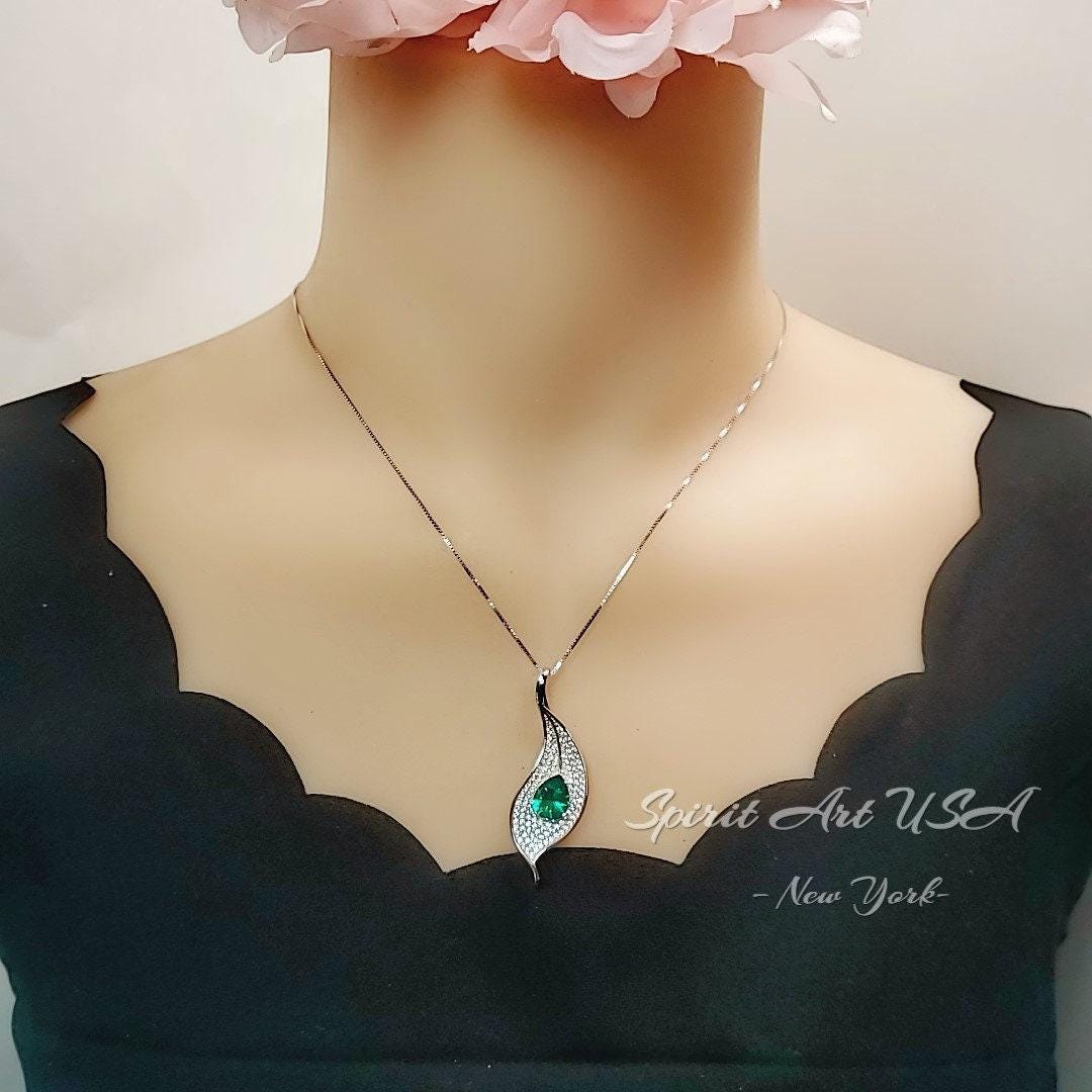 Sterling Silver Emerald Leaf Necklace, Pear Cut Green Gemstone Pendant, 18K White Gold Plated Nature Inspired Jewelry, Chain 904