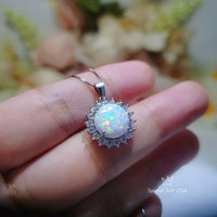 Rose Gold Opal Necklace Gemstone Halo Sunflower White Opal Pendant Sterling Silver Princess Diana Style Jewelry #209