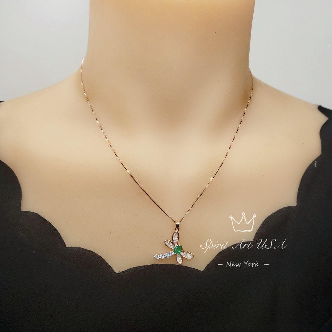 Dragonfly Necklace - Emerald Necklace - Rose Gold Coated 925 Sterling Silver #333