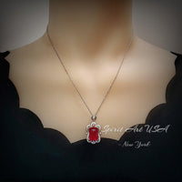 Gemstone Flower Red Ruby Necklace - Large Rectangle Baguette Cut Ruby Pendant - 18KGP @ Sterling Silver - July Birthstone #802