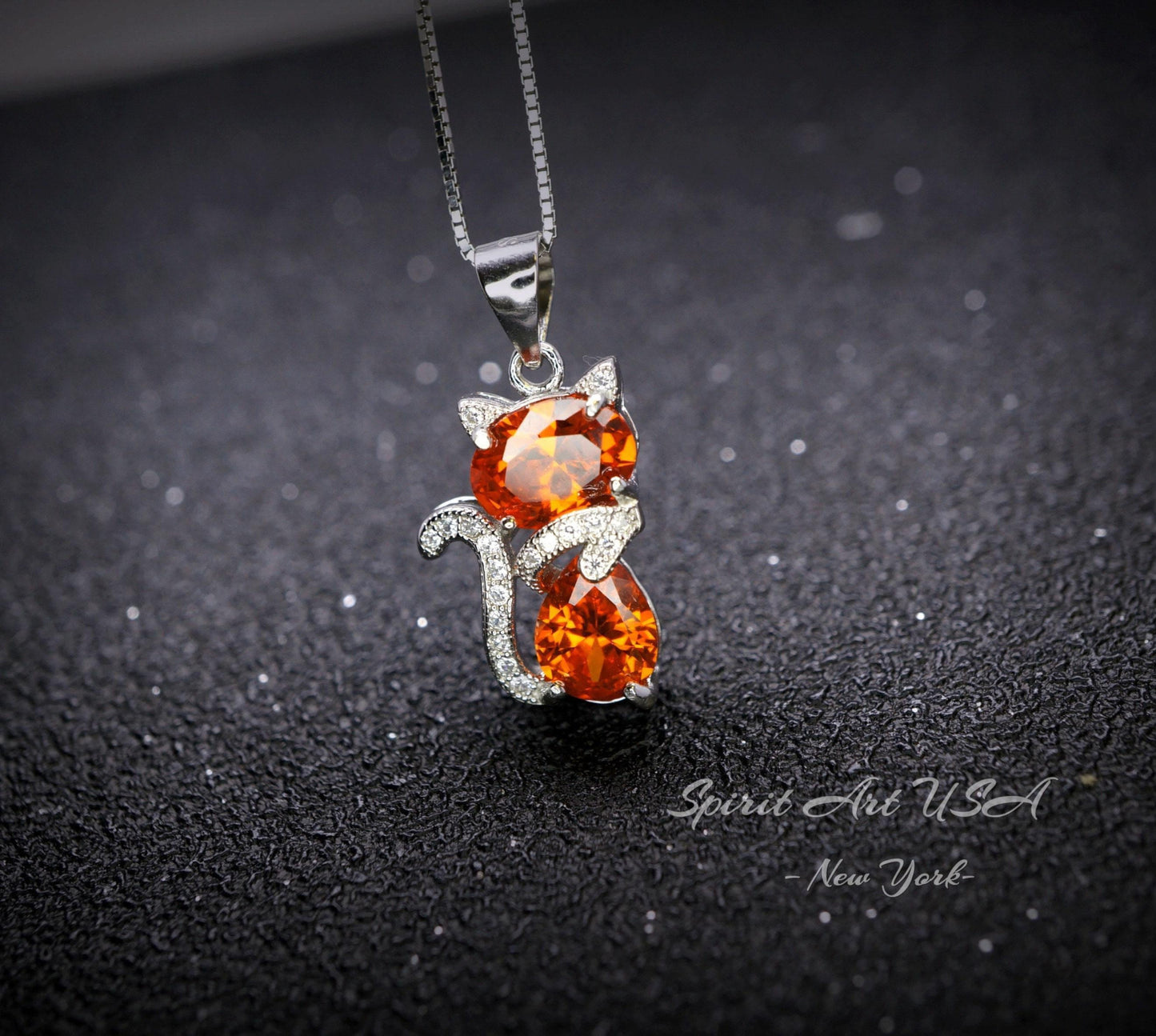 Cat Sunstone necklace, Gemstone Kitty Cat Sun stone Pendant, Orange Gemstone Sterling Silver Pet Cat lover gift Kitten Jewelry #215