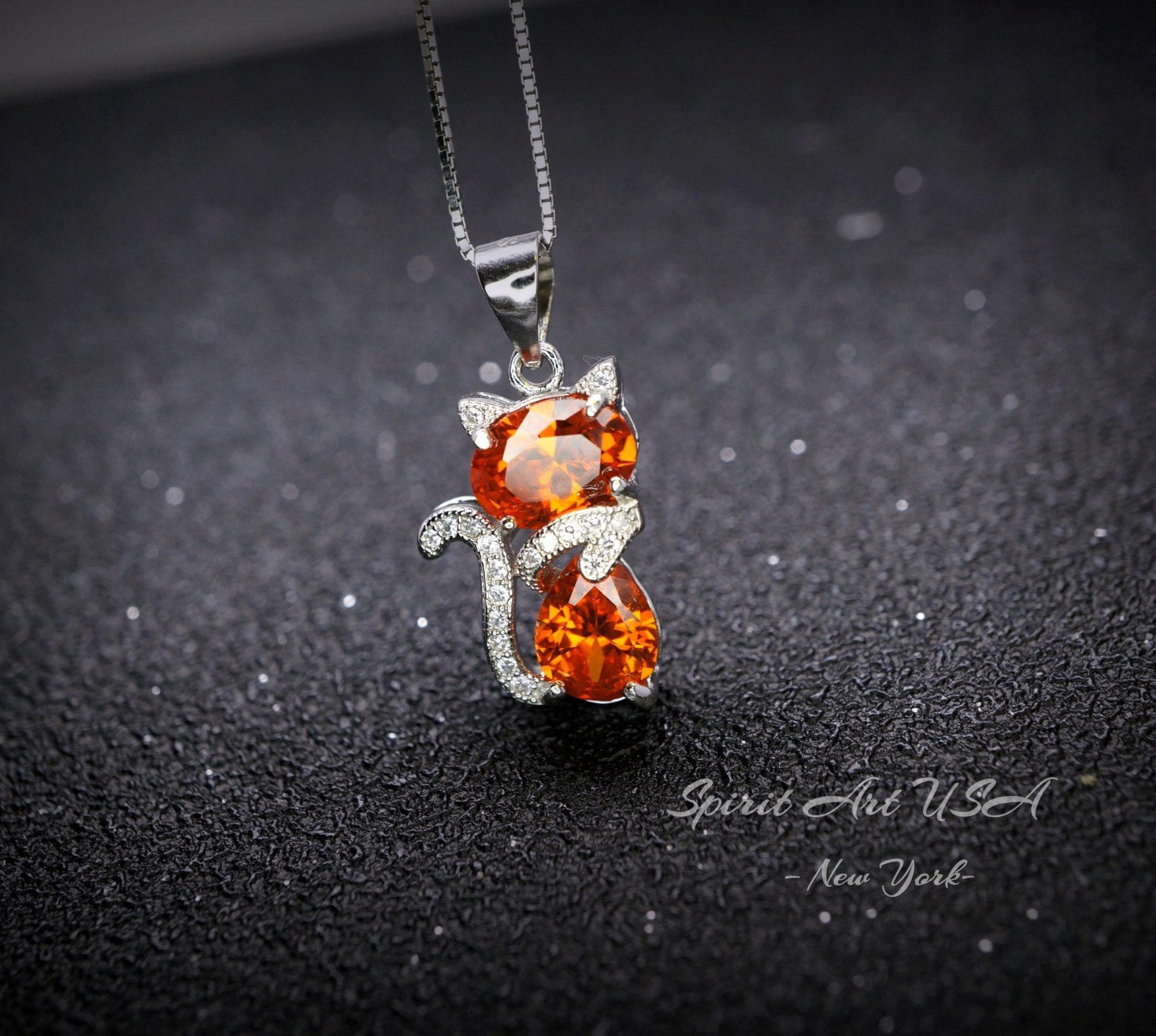 Cat Sunstone necklace, Gemstone Kitty Cat Sun stone Pendant, Orange Gemstone Sterling Silver Pet Cat lover gift Kitten Jewelry #215