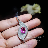 Pink Topaz Leaf Necklace - Fuchsia Pink Topaz Pendant - 18KGP White Gold coated Full Sterling Silver - 3 CT Teardrop Style #906