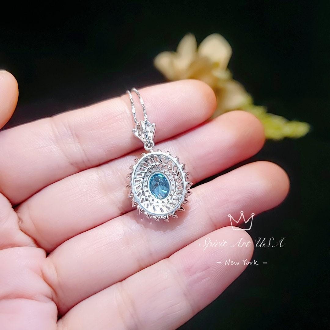 Aquamarine Halo Pendant Necklace in Sterling Silver, Baguette Round Sunburst Cluster, March Birthstone Deep Blue Aquamarine #777