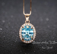 Aquamarine Necklace - Rose Gold Halo Blue Aquamarine Pendant - 18kgp @ Sterling Silver - March Birthstone #300