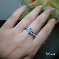Crown Blue Aquamarine Ring adjustable Sterling Silver Sim Diamond Dainty Teardrop Pear Blue Gemstone Solitare Halo Ring 1062