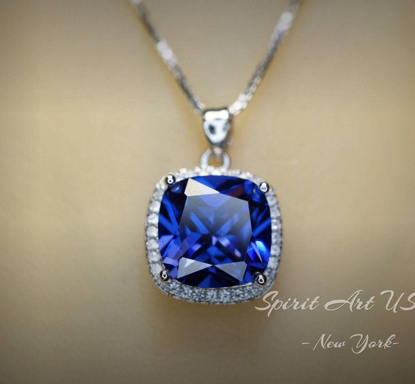 Large Tanzanite Necklace - 18KGP @ Sterling Silver - December Birthstone jewelry - Square Cushion Deep Blue 5CT Tanzanite #696