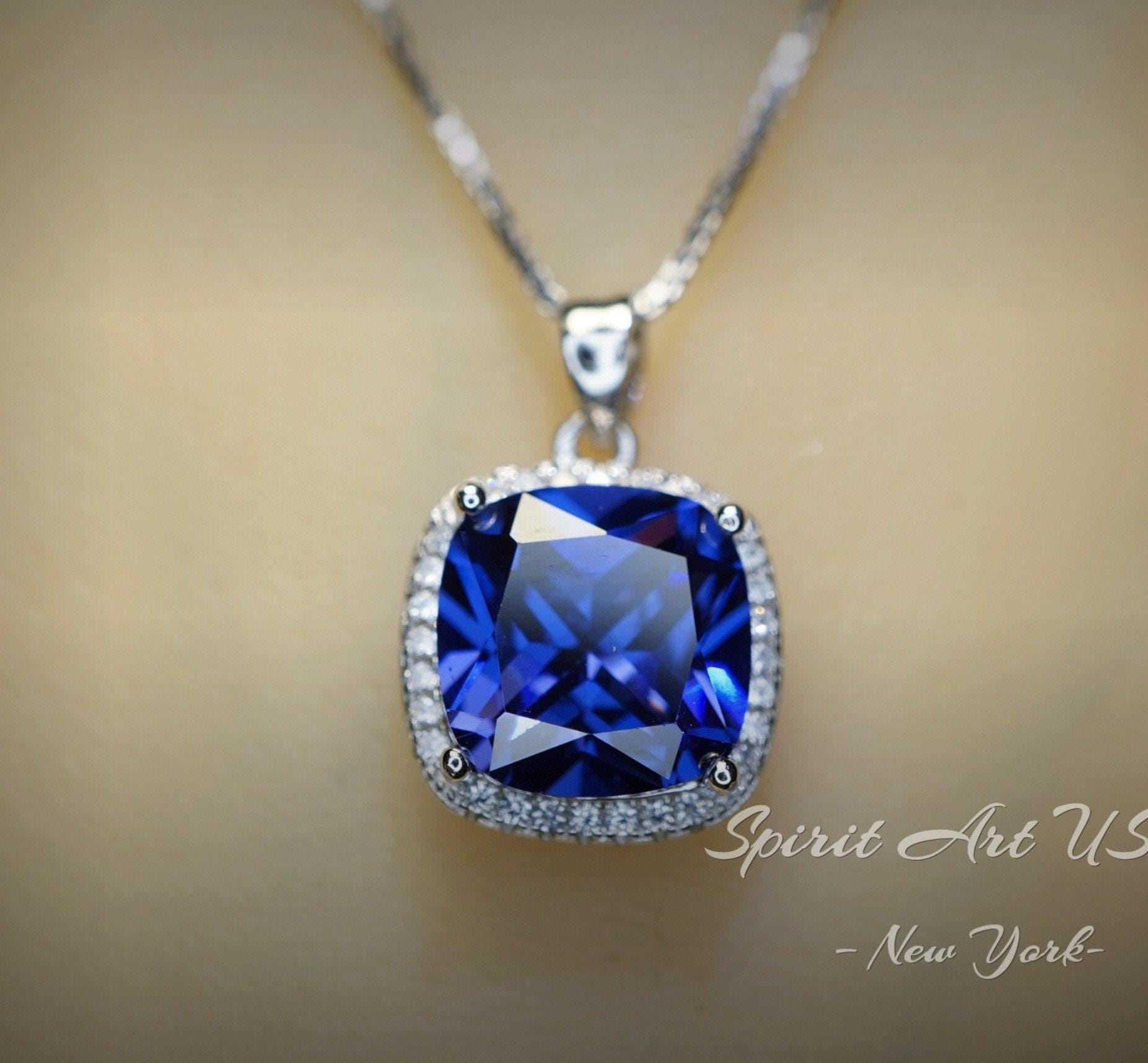 Large Tanzanite Necklace - 18KGP @ Sterling Silver - December Birthstone jewelry - Square Cushion Deep Blue 5CT Tanzanite #696
