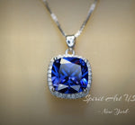 Large Tanzanite Necklace - 18KGP @ Sterling Silver - Halo Square Cushion Deep Blue 5CT Tanzanite #696