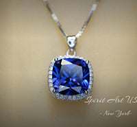 Large Tanzanite Necklace - 18KGP @ Sterling Silver - Halo Square Cushion Deep Blue 5CT Tanzanite #696