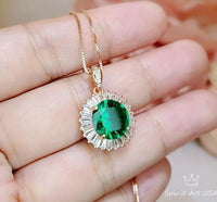 Round 3 CT Emerald Necklace Rose gold Gemstone Sun Halo Pendant Sterling Silver #525