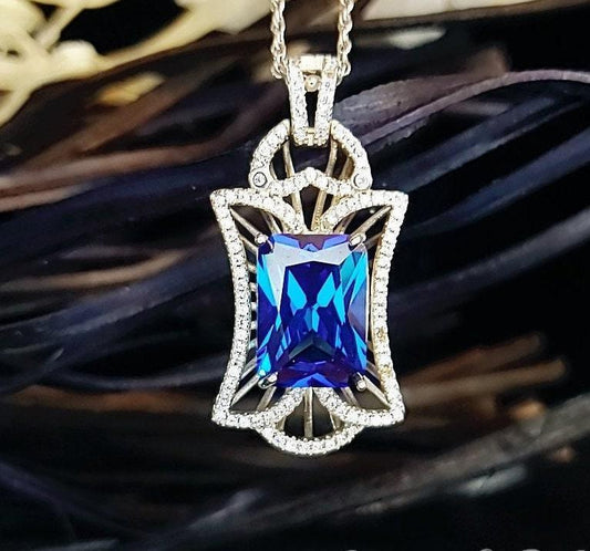 Large Blue Sapphire Necklace - Full Sterling Silver Diamond Royal Flower Pendant -10 Ct Rectangle Lab Created Blue Sapphire Geometric #845