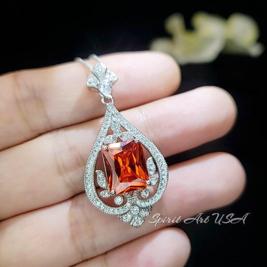 5 Ct Sunstone Necklace in Sterling Silver - Spiritual Flower Design with Scissor Cut Lab Orange Sapphire Tangerine white gold tone #986