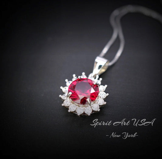 Red Ruby Necklace Sterling Silver - 8mm 2 CT Ruby Pendant - July Birthstone Princess Diana Style - Solitaire Round Gemstone Necklace #124