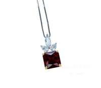 Pigeon Blood Ruby Necklace - Square Scisson Cut Red Ruby Pendant - 18KGP Sterling Silver Floral Design Three petal flower #412